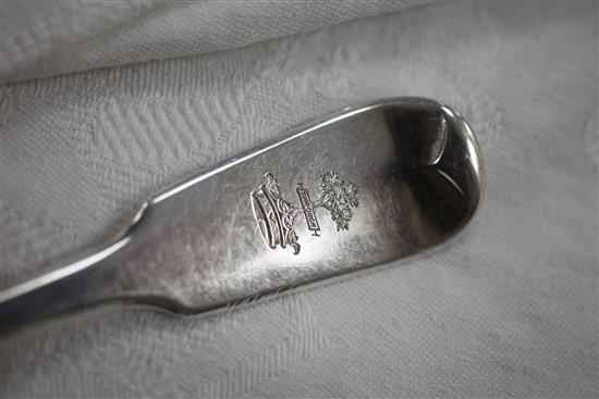 A part suite of George IV Irish and English silver fiddle pattern flatware,